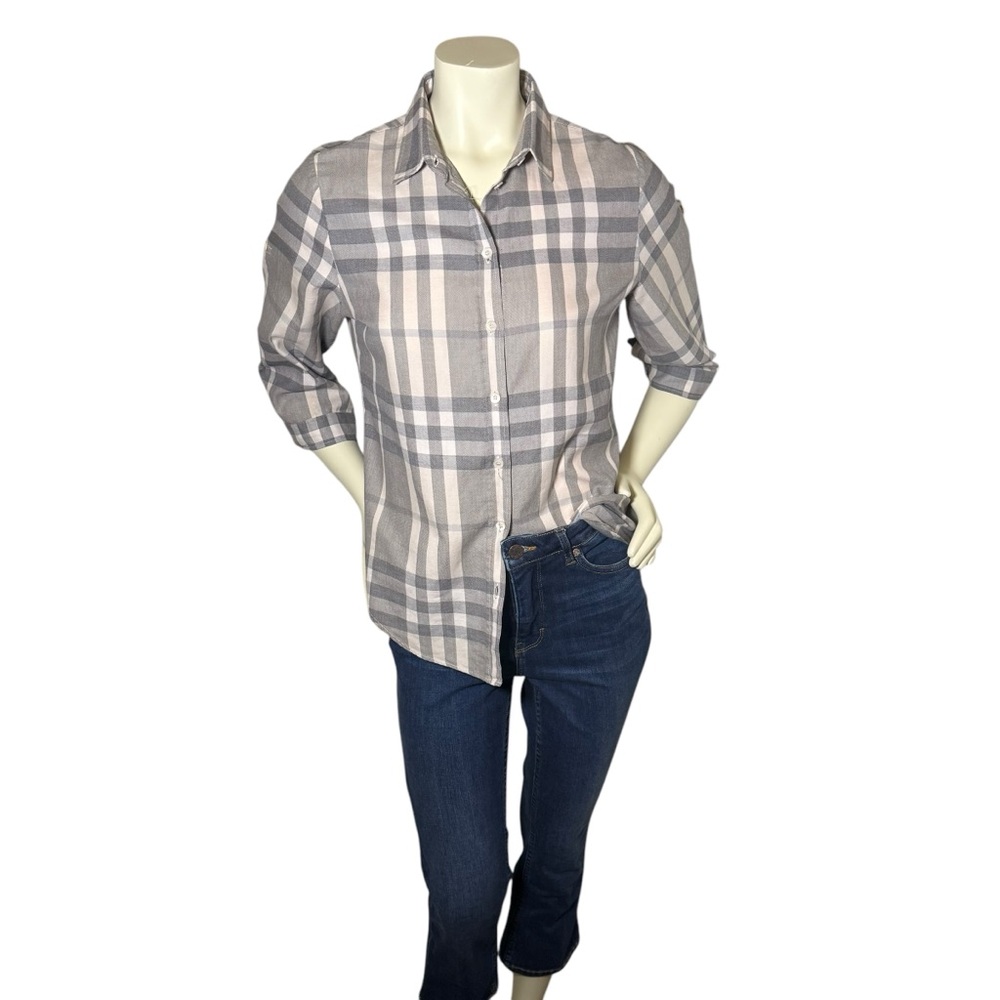 BURBERRY BRIT Women’s 3/4 Sleeve Plaid Button Down 100% Cotton Shirt Size Medium - Picture 6 of 12